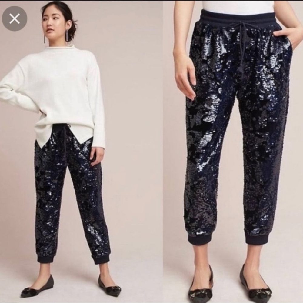 Anthropologie Sequined Velvet Joggers Size Medium Blue